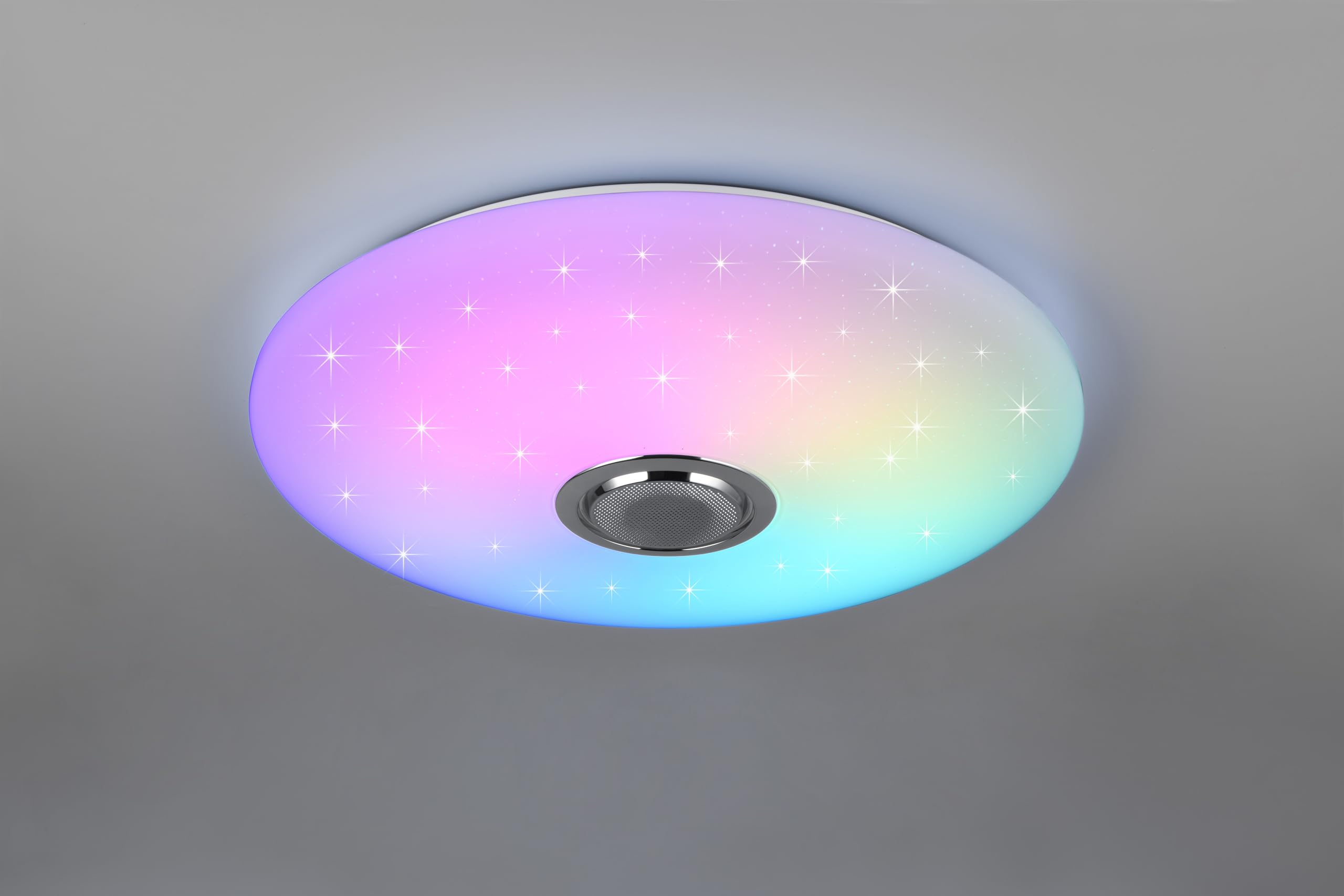Reality Leuchten Plafón MUSICA R69031901 LED, pantalla de plástico blanco con efecto Starlight, LED de 33 vatios, mando a distancia, cambio de color, altavoz Bluetooth,