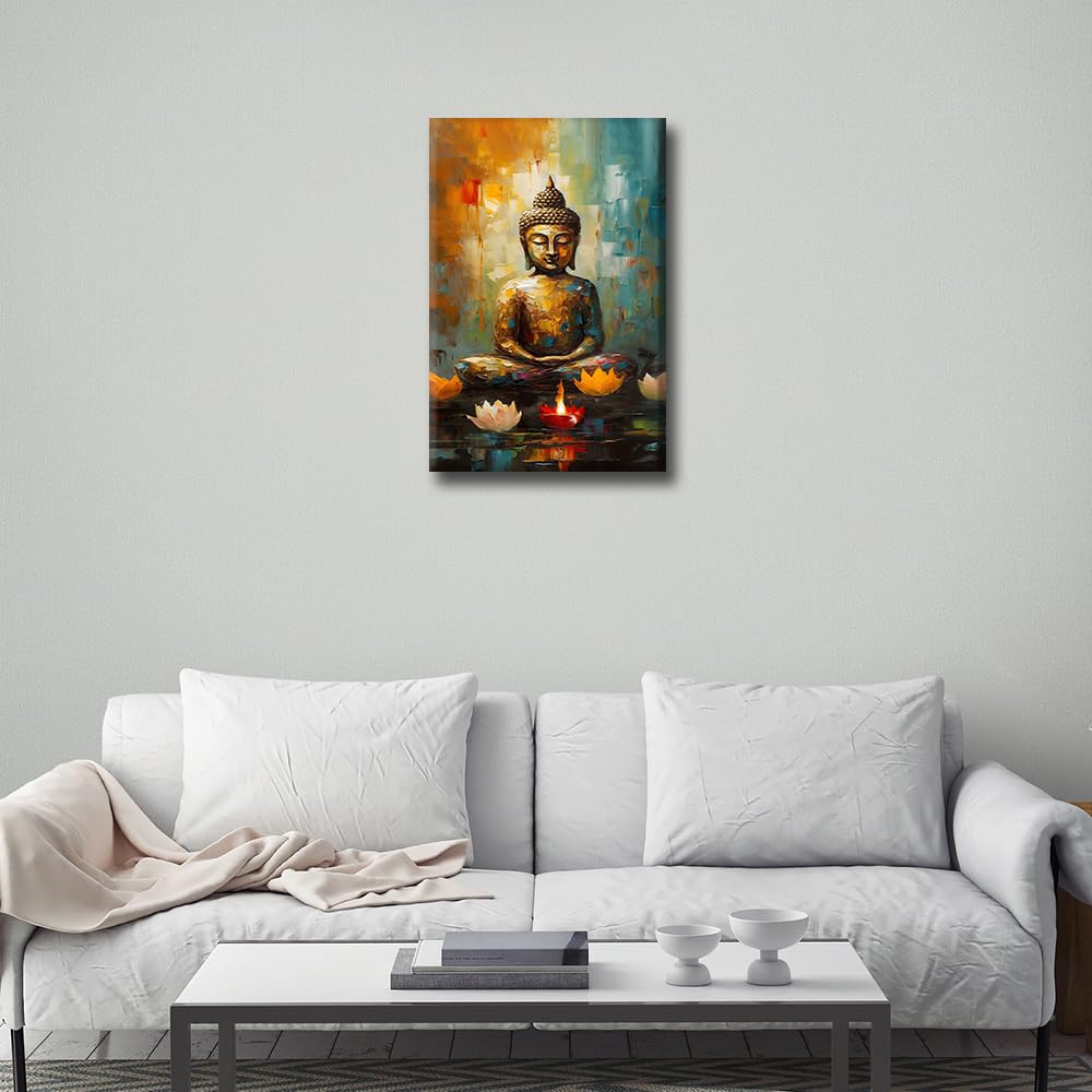 TISHIRON Buddha Home Decor Posters & Prints Altar Lamp that Burns Day and Night Wall Art for Living Room 1 Pieces Lotus Pictures Kitchen Wall Decor Stretched and Framed Ready to Hang (16" Wx24 H) - Image 4