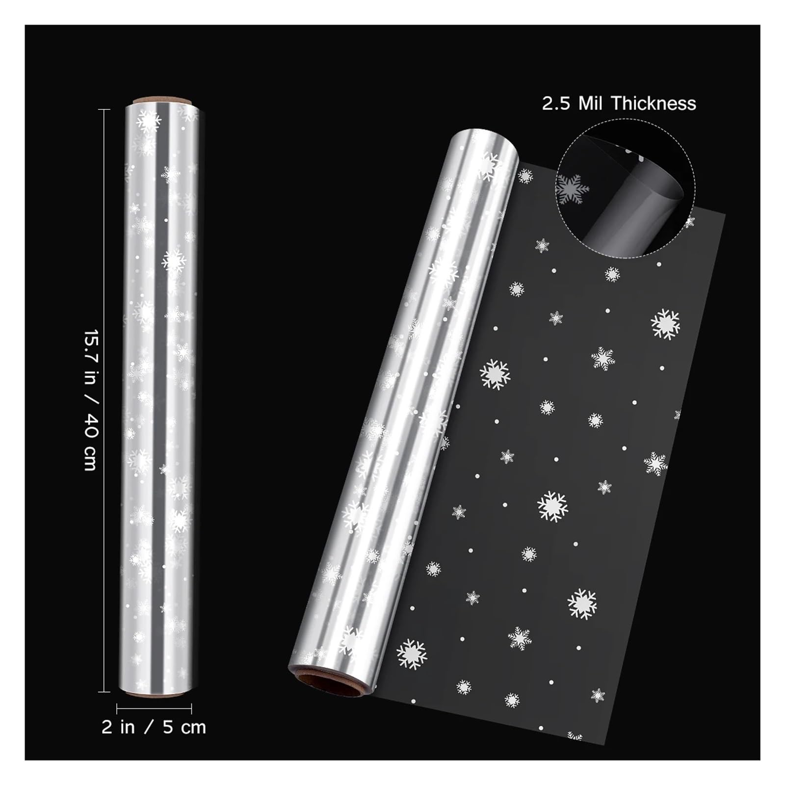 Papel de Regalo 2 rollos de celofán,5/3 milésimas pulgada grosor, decorados con copos nieve, ideales for envolver cestas regalo navideñas(80CMx3000CM)