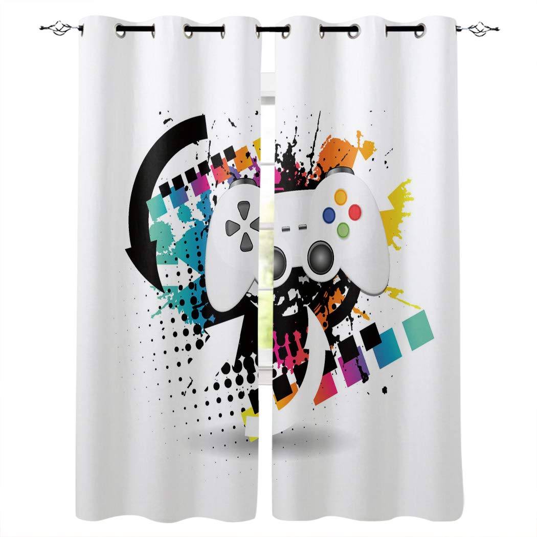 Edwiinsa Gamer Kitchen Blackout Curtains Window Drapes Treatment, 2 Panels Set for Kitchen Cafe Office, Modern Console Game Controller with Halftone Motif and Color Splashes 80W x 84L inch