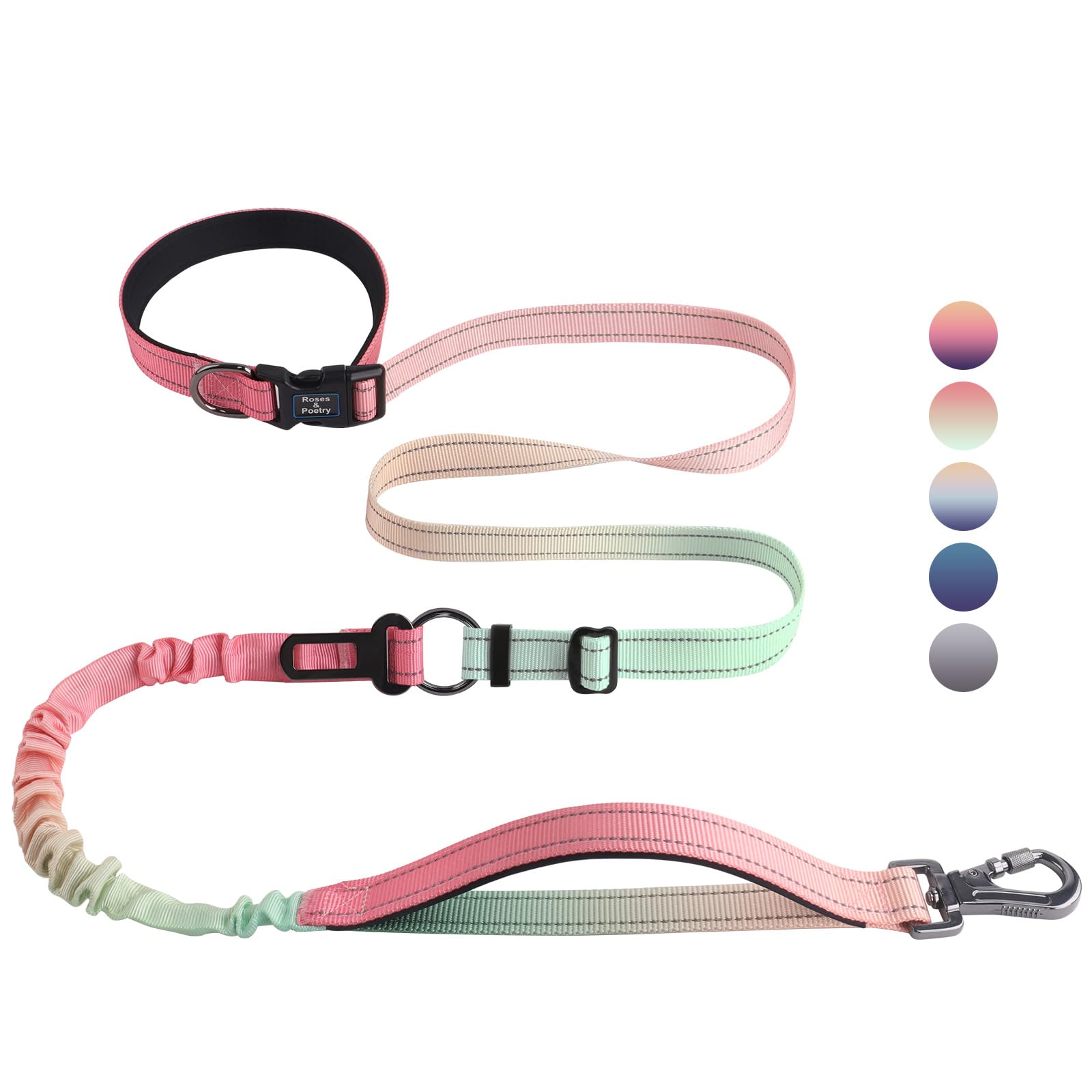 Roses&Poetry Hands Free Dog Leash Heavy Duty,No Pull Bungee Dog Running Waist Leash for Walking Training with Car Seatbelt 4-6FT