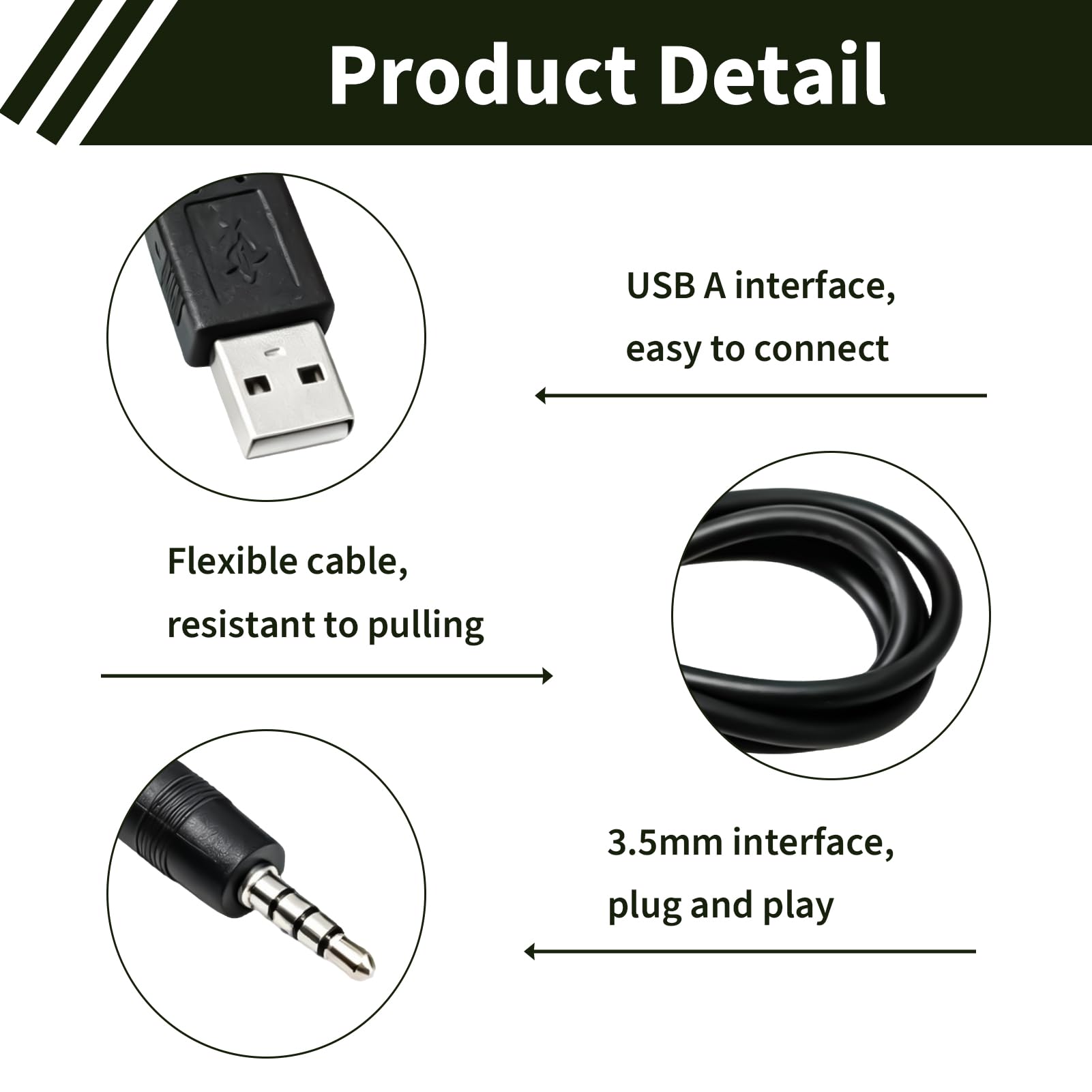 Audiokabel, USB auf 3,5-mm-Klinkenstecker, USB-AUX-Kabel, HiFi-Audio-Adapter, geräuschlos, AUX-Kabel männlich auf 3,5-mm-Klinkenstecker, PVC, Plug and Play für PC Laptop, Kopfhörer hoch (1 m)