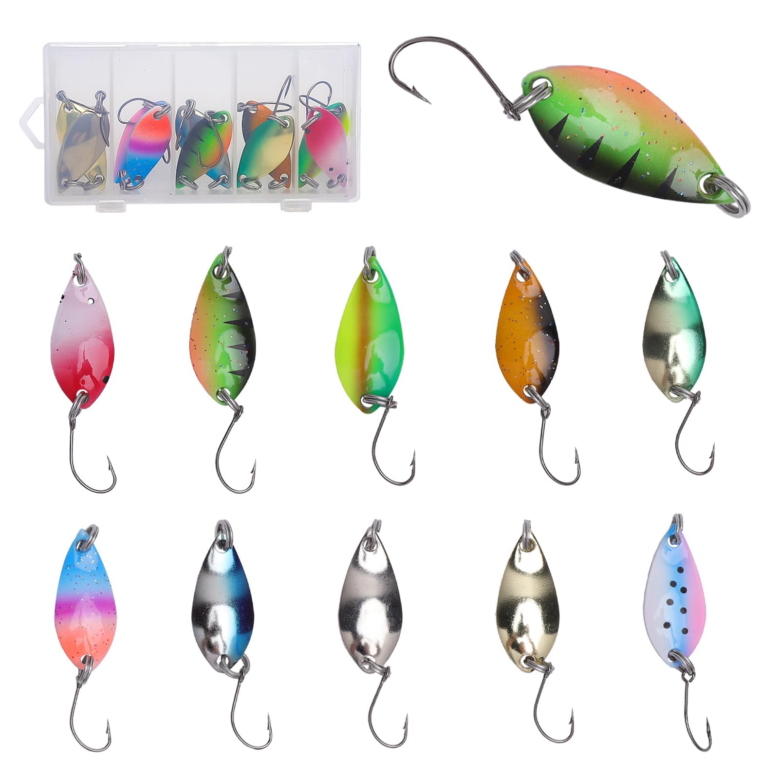 10 Pezzi Esche Artificiali Spinning Trota, 2,5 g/3,5 g/5 g Spinning Pesca con Ami, Esche da Pesca con Contenitore, Trabucco per Luccio, Lucioperca, Pesce Persico e Trota