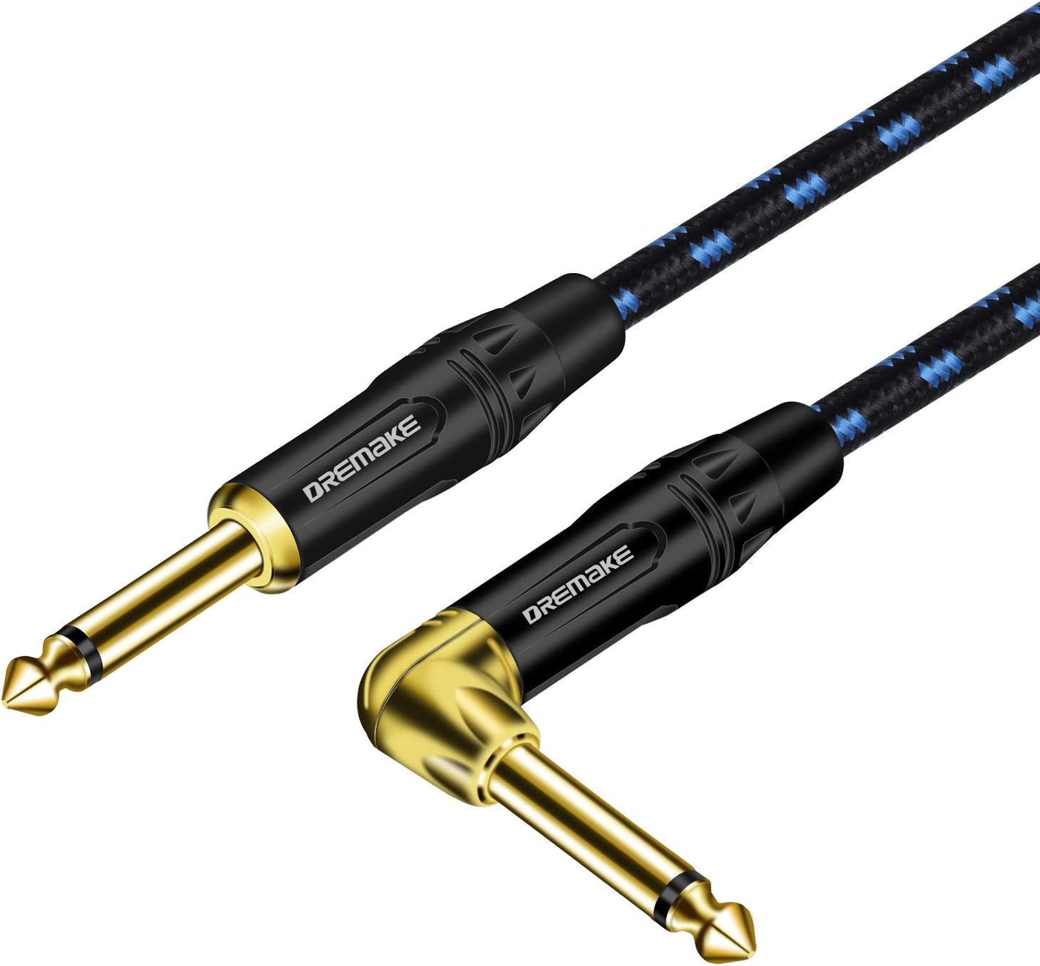 DREMAKE Cable 1/4" (6.3mm) Straight to Right Angle, Black/Blue Braided Tweed 1/4 Inch to 1/4 Inch Patch Cord, 25FT Instrument Guitar Cable for Keyboards, Electric Mandolin, Pro Audio to Amp