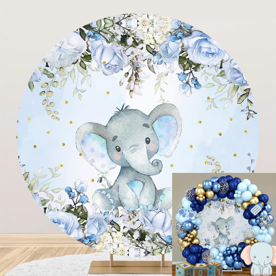 Laeacco 7.2x7.2ft Elephant Baby Shower Round Backdrop Blue Floral Elephant Circle Backdrop Cover Watercolor Flower Photography Background for Newborn
