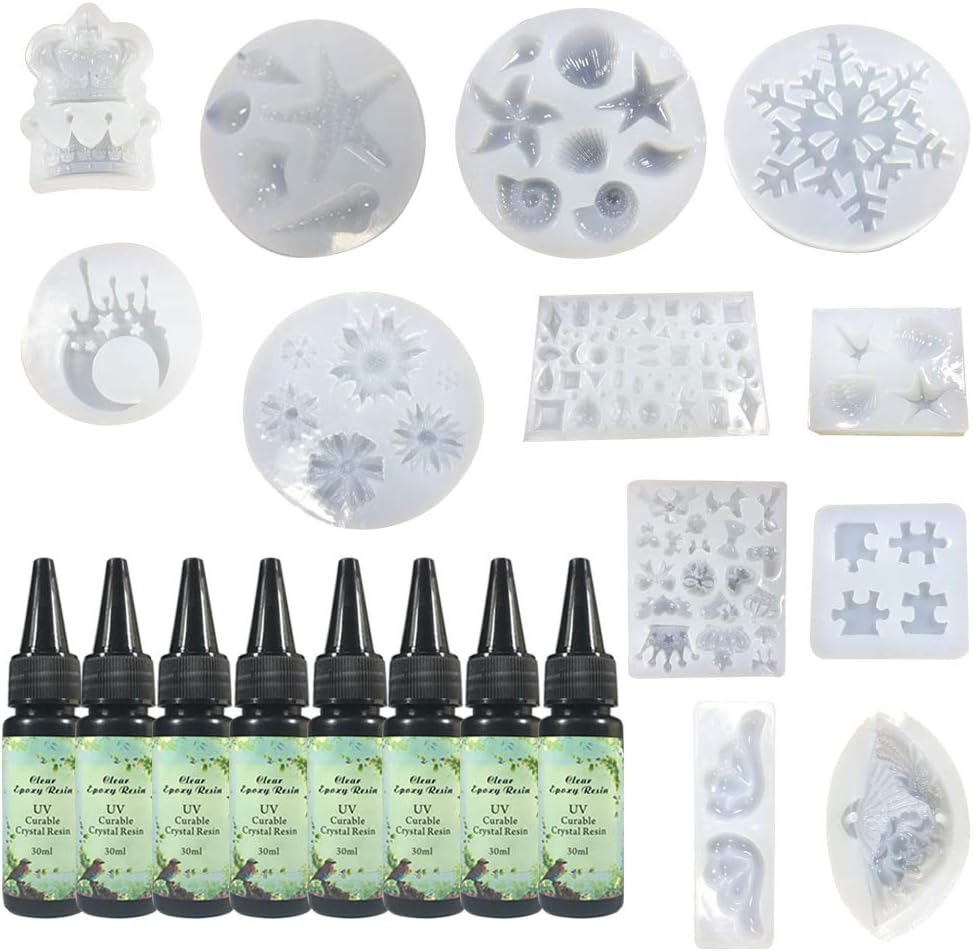 8 Crystal Clear UV Resin + 12 Silicone Molds for Crafting Jewelry Making Pendants Earrings Keychains Necklaces, Fast Curing Sunlight Curable, Resin DIY Kit