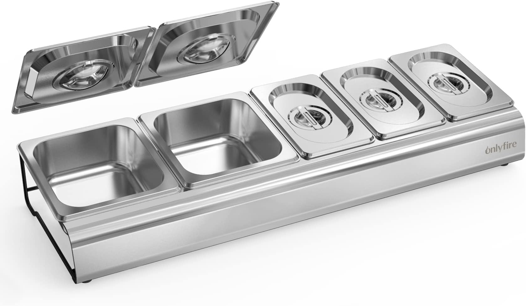 onlyfire Pizza Topping Station Stainless Steel Seasoning Containers with Lid, 5 Compartment Trays for Preparing Ingredients and Toppings