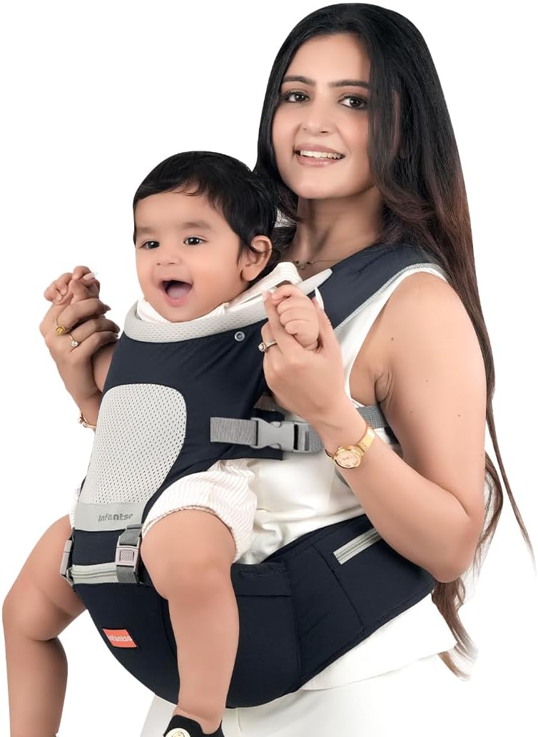 Infantso Premium Hip Seat Baby Carrier with 6 Adjustable Carry Positions, Carrier for 0 to 3 years Baby with Hip Seat, Kangaroo Style Bag, Baby carrying Bag for Newborn to Toddler, Weight upto 15kgs (Blue&Grey)