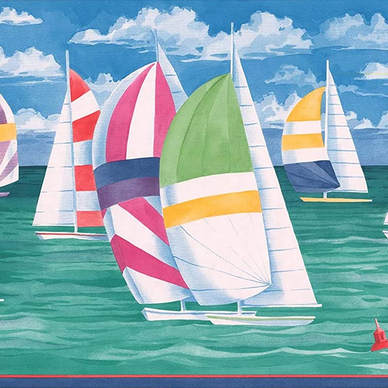 CONCORD WALLCOVERINGS ™ Wallpaper Border Nautical Pattern Sea Sailboats Sky Clouds for Cottage Beach House Bedroom, Blue Green Red Yellow, 15 ft by 10 in CC829B