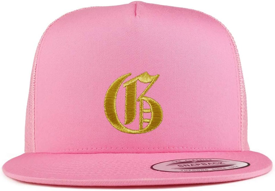 Trendy Apparel Shop Old English Gold G Embroidered 5 Panel Flatbill Trucker Mesh Cap