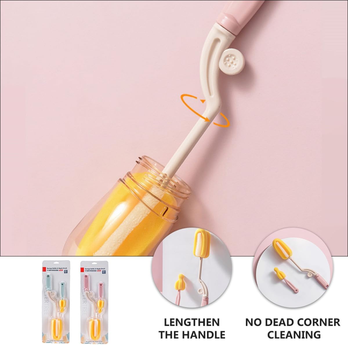 Bottle Cleaning Tool with Long Handle and Boilable Abs Sponge Brush for Feeding Bottles and Cups, Pacifier Cleaning Brush for Household Use