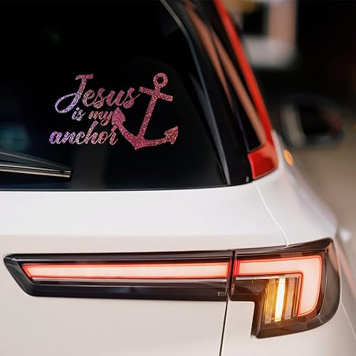 Miniatura 2 de Calcomanía de vinilo Jesús es mi ancla para automóvil, camión, pared, laptop, purpurina holográfica rosa, 5.5 x 3 pulgadas