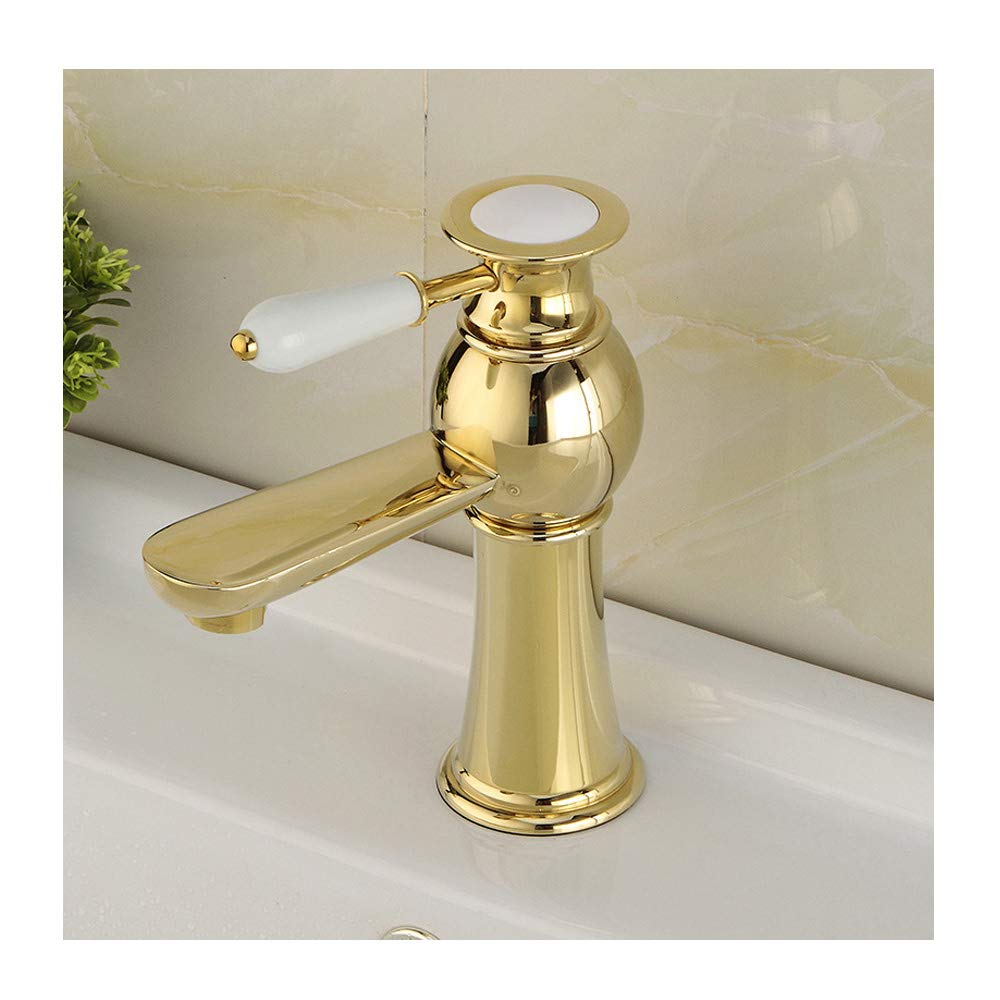 Hcfyauis Gold Tive Bathroom Sink Brass Deck Mounted Single Hole Single Handle Cold And Hot Lavatory Basin For Bathroom