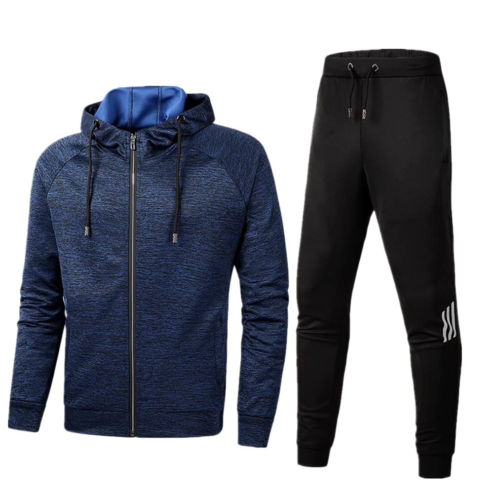 Zestaw dresów dla mężczyzn, zapinana na zamek bluza z kapturem, topy, strój na siłownię i spodnie do joggingu, zestaw 2 sztuk, NIEBIESKI, XXL