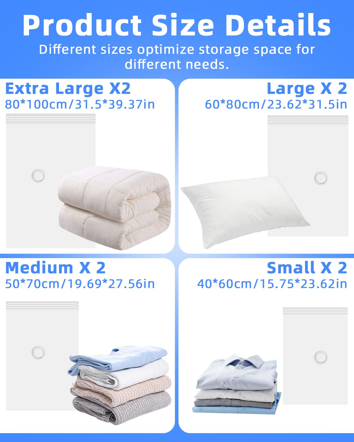 Sacchetti Sottovuoto per Piumoni e Vestiti con Pompa Elettrica (2 Jumbo, 2 Grandi, 2 Medi, 2 Piccoli) Sacchetti Sottovuoto Vestiti Viaggio Riutilizzabili Salvaspazio