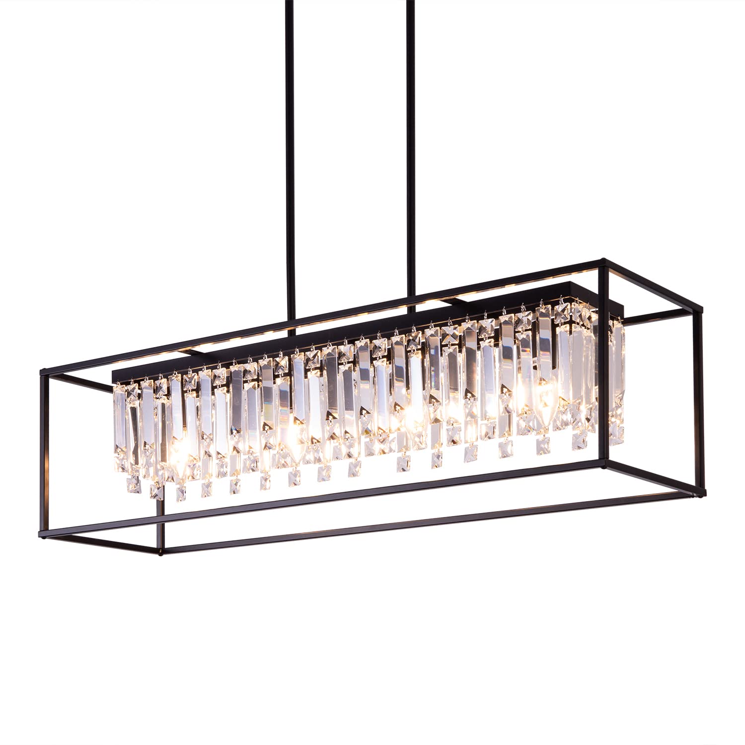 Wellmet Farmhouse Chandelier for Kitchen Island Light with K9 Crystal, Black Rectangle Dining Room Lighting Fixtures Hanging, 4 Lights Crystal Chandeliers Ceiling Light Fixture