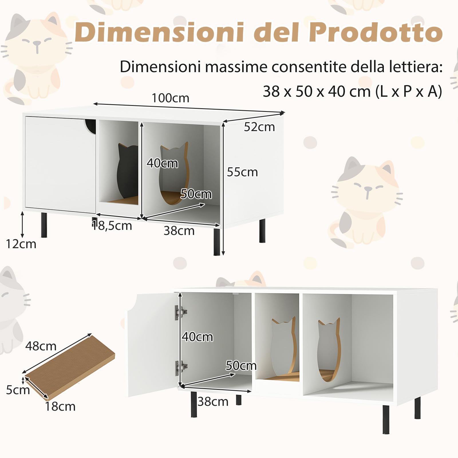 COSTWAY Lettiera Nascosto, Mobile Laterale in Legno con Ingresso a Forma di Testa di Gatto, Pannello Grattugia Rimovibile e Gambe in Metallo, Tavolino per Animali Domestici, Bianco, Portata di 120 kg