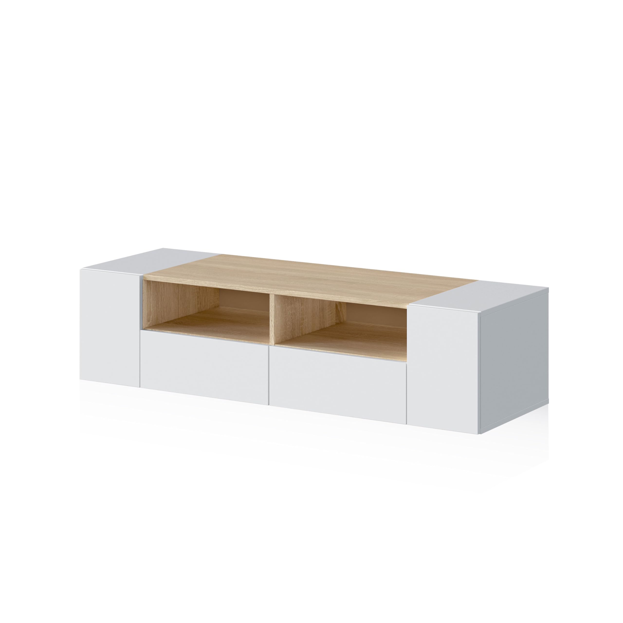 duehome | Modulo TV, Mueble de Salon, Juego de Muebles, Modelo Nima, Acabado en Blanco Artik y Roble Canadian, Medidas: 138 cm (Largo) x 42 cm (Fondo) x 36 cm (Alto)