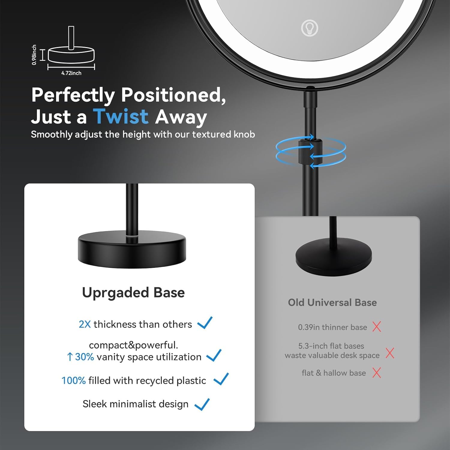 Nicesail Miroir de table réglable en hauteur Noir Miroir de maquillage avec éclairage Rechargeable Miroir cosmétique avec grossissement 5X, Diamètre 20 cm