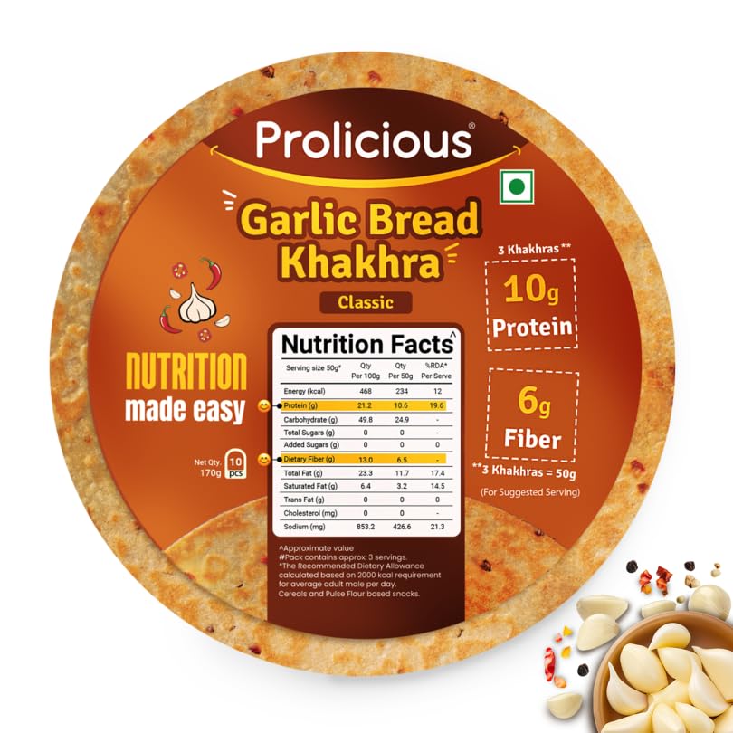 Prolicious 2X Protein Garlic Bread Khakhra | NO Palm Oil | Crispy | Ready to Eat | Flavourful | High Protein Healthy Anytime Snack –170grams