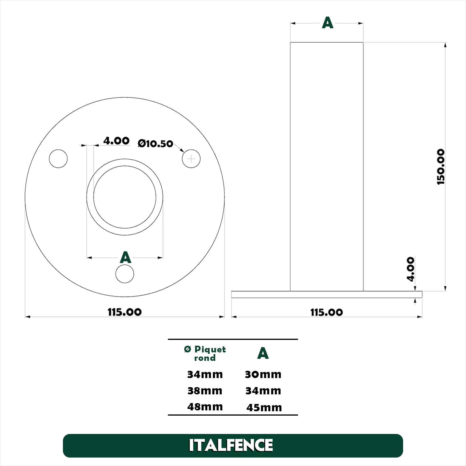 Support de piquet rond Ø34mm, douille à visser, acier galvanisé [5 pièces]