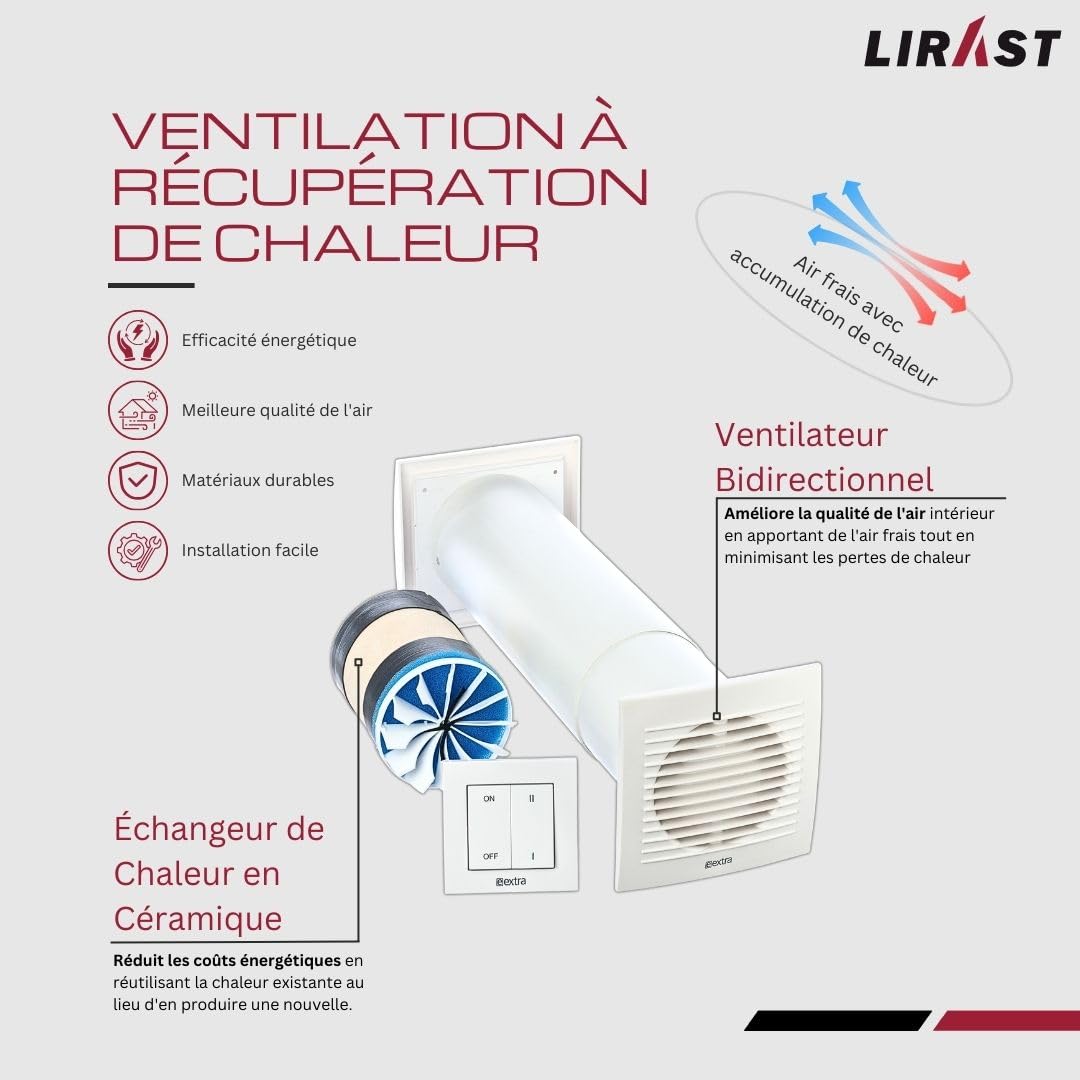 Ø 100mm VMC Double Flux Complet avec Interrupteur - Récupérateur de Chaleur - Ventilation Extracteur dAir Repartiteur de Chaleur - Axial
