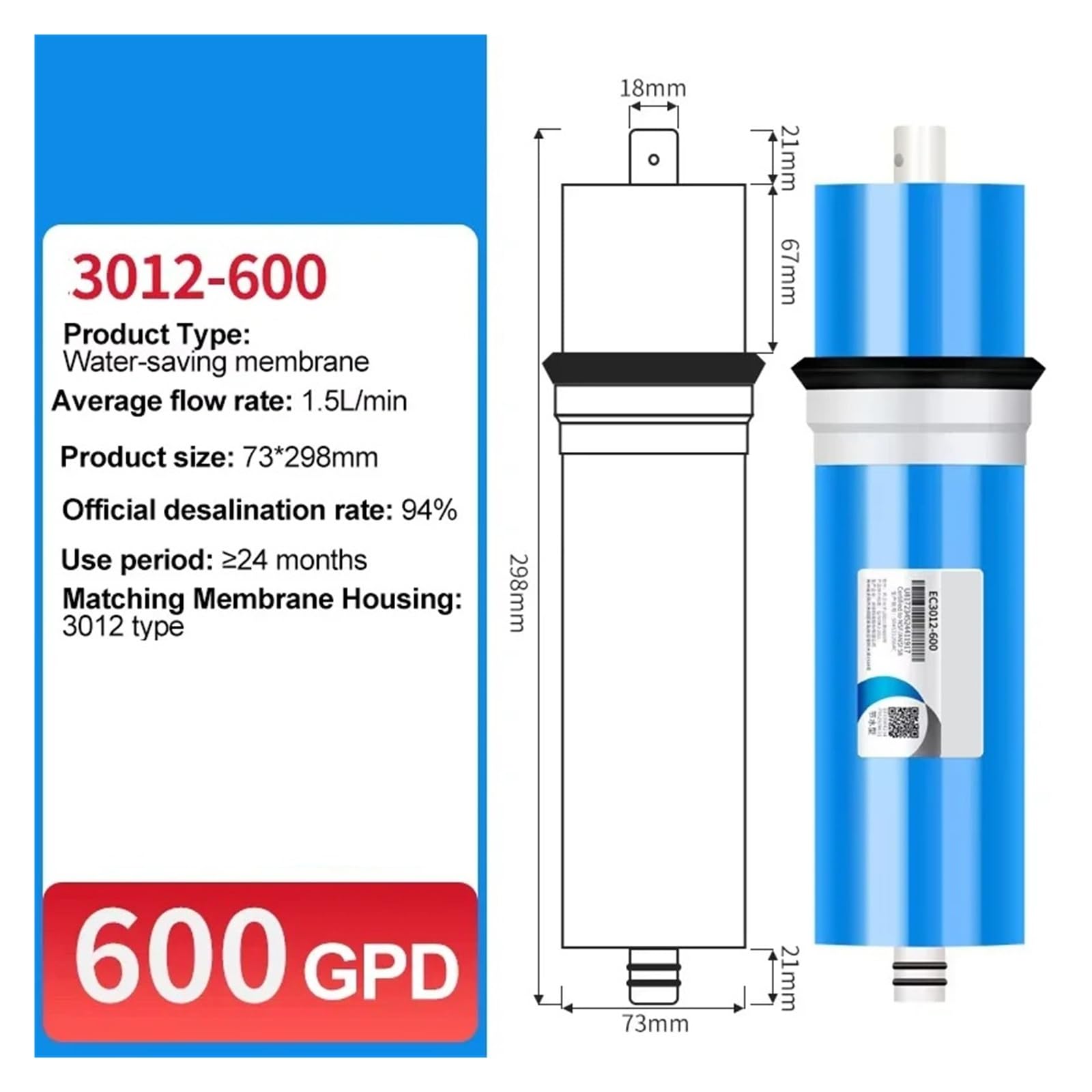 Membrana for osmosi inversa 600 GPD 3012-600G Kit di sostituzione del filtro a membrana RO for purificatore sottolavello Con elevata velocità di filtrazione(1pcs)