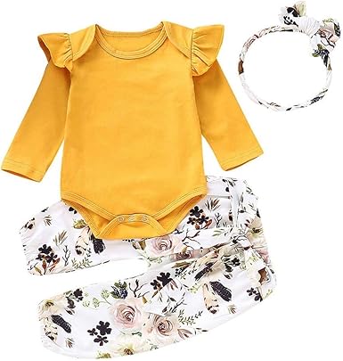 Imjono Printemps Automne Barboteuse Bebe Filles Manches Longues Hauts Pantalons Floral Bandeaux Ensemble Bebe Fille 2 Pcs Combinaison 0 A 24 Mois Jaune Amazon Fr Vetements