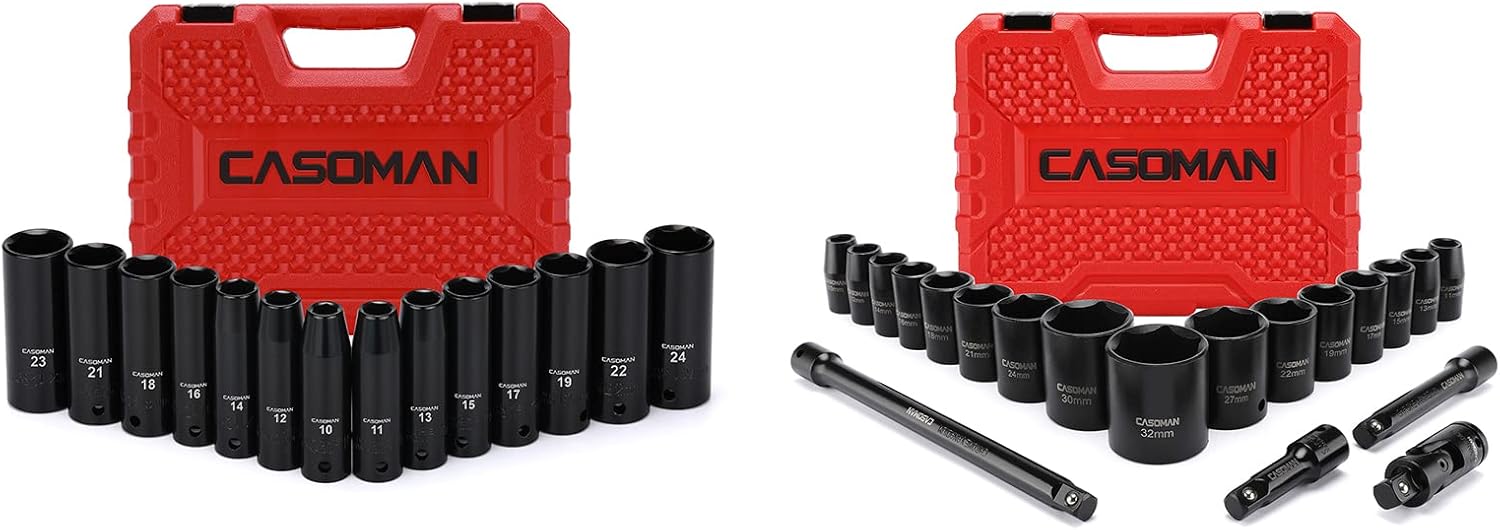 CASOMAN 1/2-Inch Drive Deep Impact Socket Set, Metric, Cr-V, 6-Point, 10 mm - 24 mm, 14-Sockets Set & 20-Piece 1/2" Shallow Sockets Set with Extension Bar and Universal Joints, 10mm-32mm