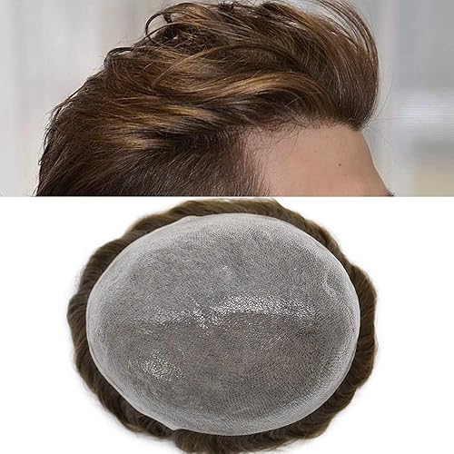 Cabello humano para hombres, tupé, piezas de cabello humano europeo, todo en V, artesanía, 0.002 in, piel fina, sistemas de reemplazo de cabello