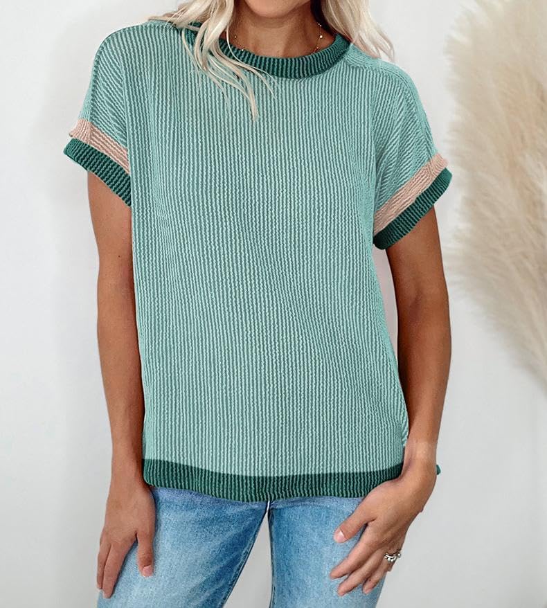 Womens Summer Tops Fashion Color Block Short Sleeve Crewneck Knit Tops Casual Cute Tunic Pullover Blouses - Image 2