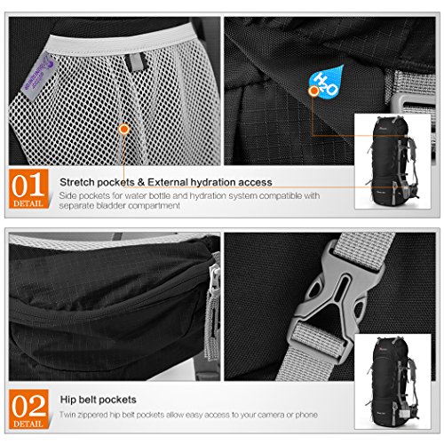 Mountaintop 80L Internal Frame Hiking Backpack For Man & Women Backpacking With Rain Cover Black #TOP5