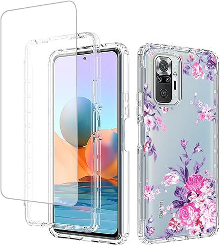 Funda para Redmi Note 10 Pro (4G)Note 10 Pro Max con protector de pantalla de vidrio templado, diseño floral a prueba de golpes, cubierta protectora