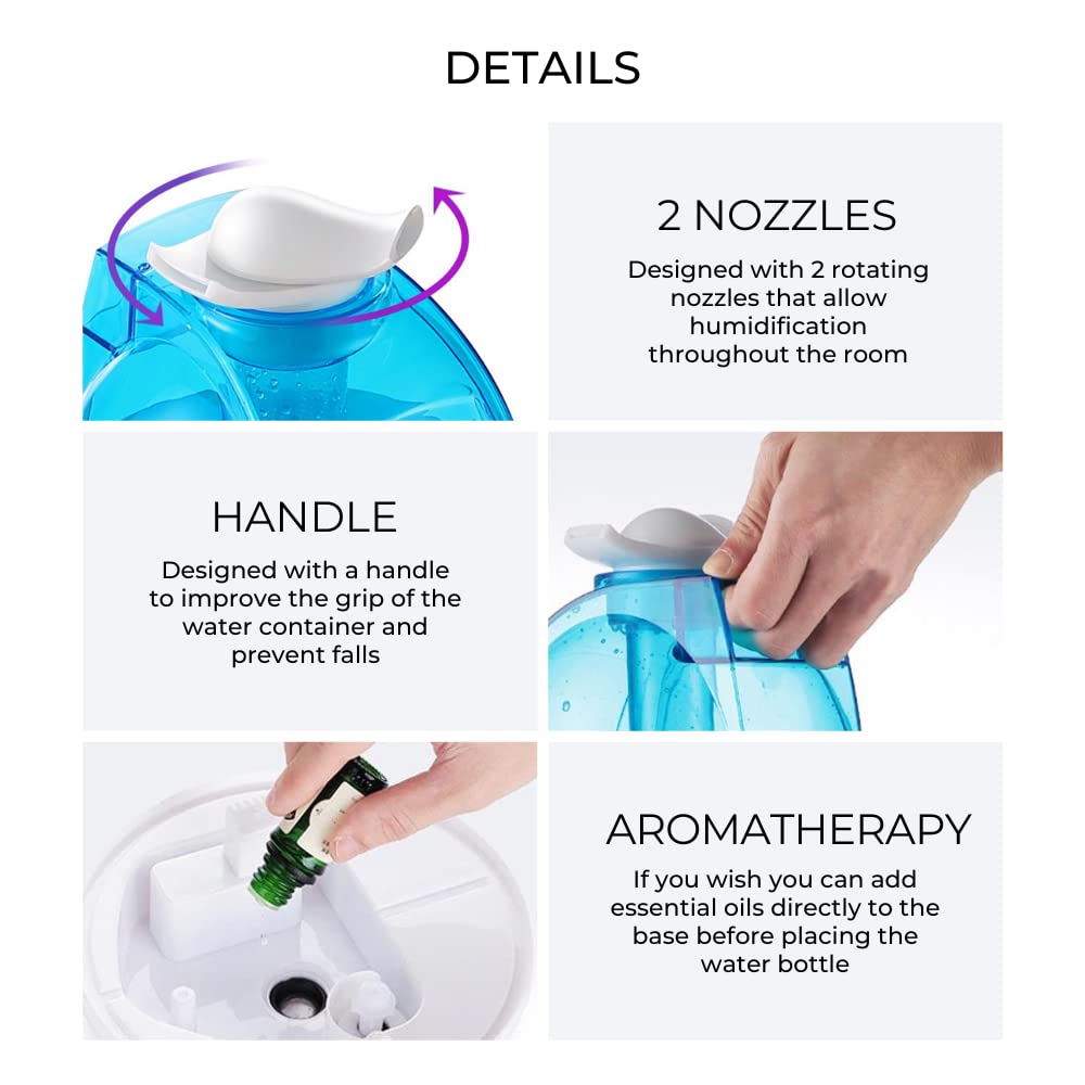 Humidificador Ultrasónico de 4L, Humidificador de Vapor Frio, Difusor de Aceites Esenciales, Deposito de Agua de Gran Capacidad con Bandeja, Difusor de Aroma, con 2 Boquilla 360º Girable (4L)