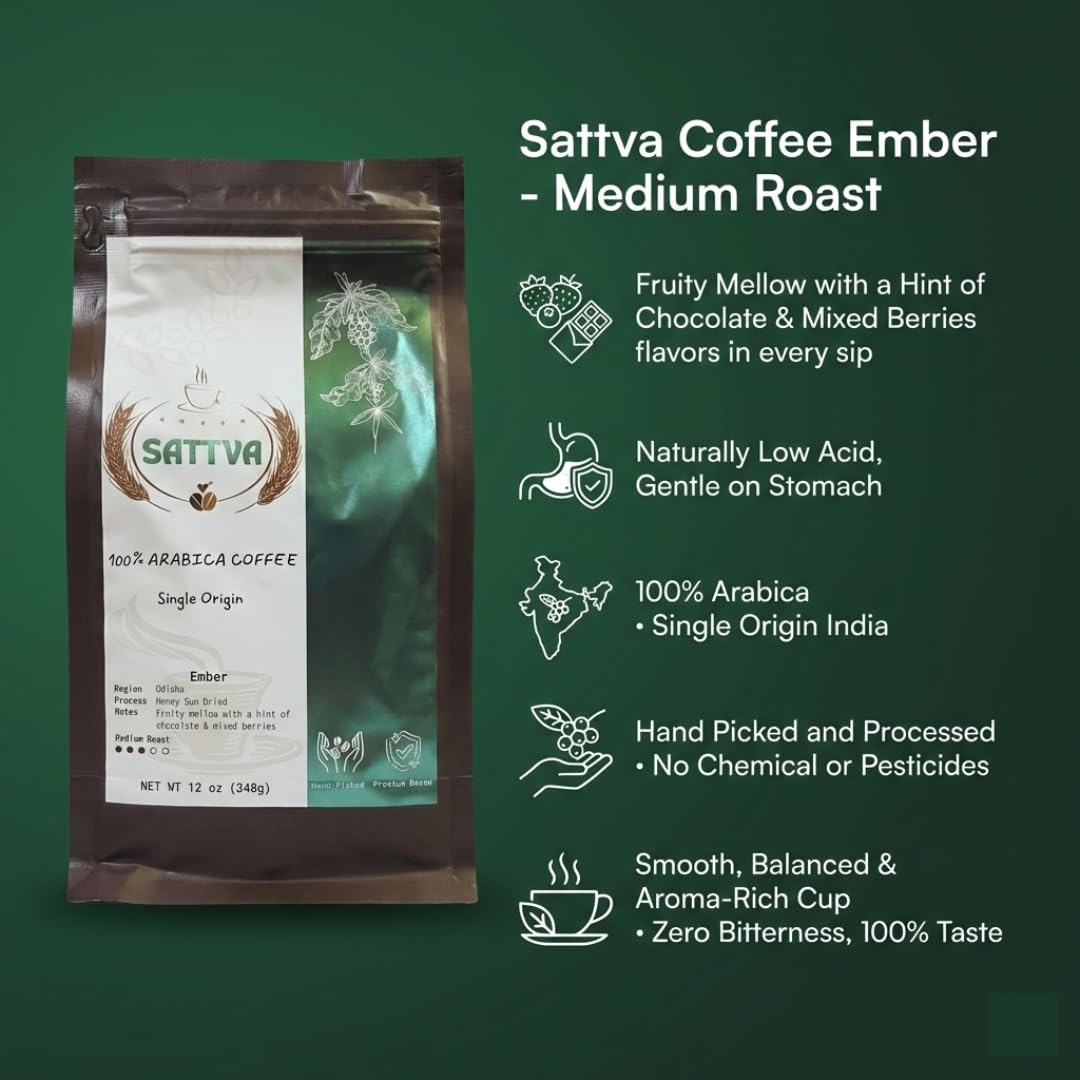 Sattva Coffee Ember Whole Bean Medium Roast - Low Acid, 100% Arabica Single Origin with Fruity Mellow Chocolate & Berry Notes - 12 oz