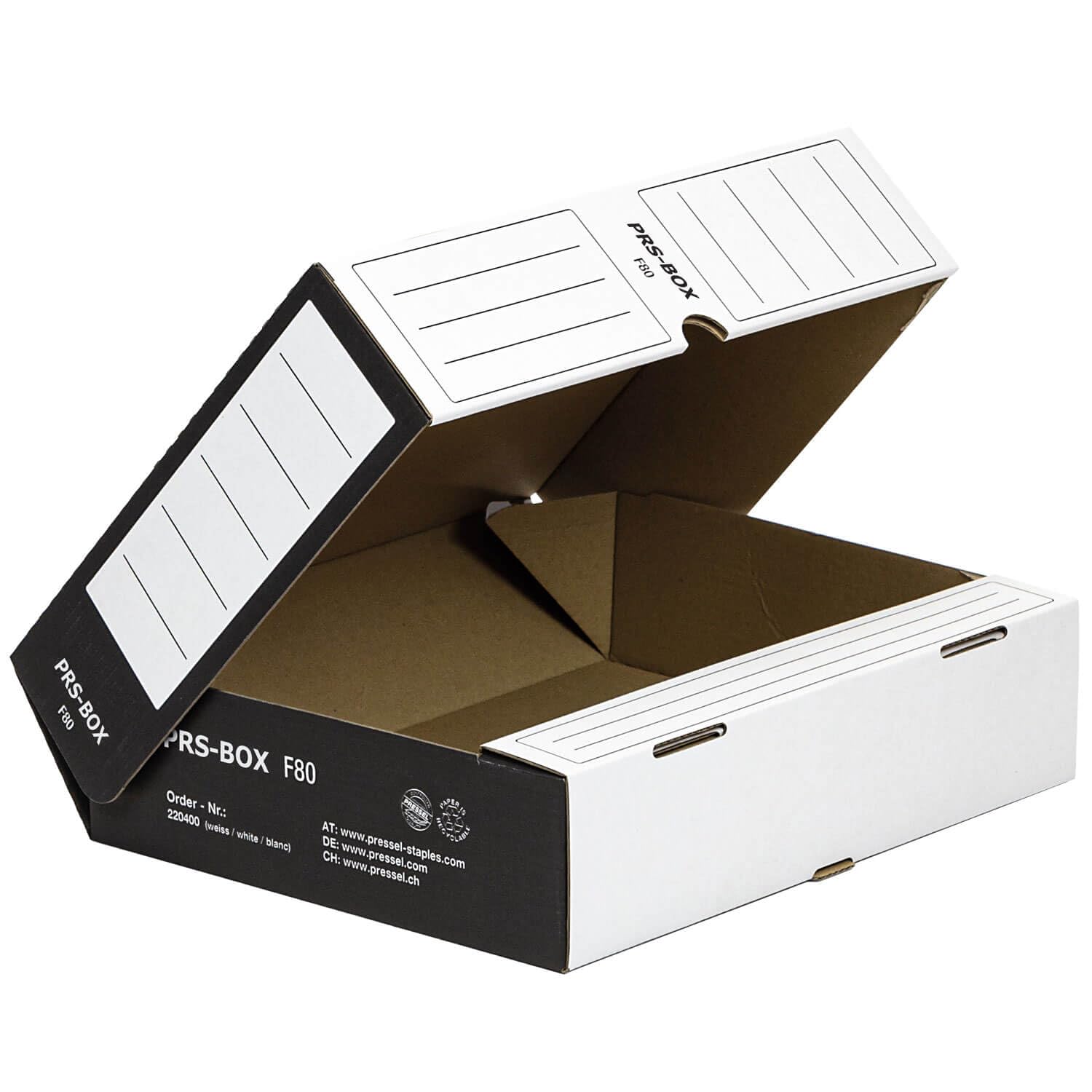 PRS Ablagebox F80, Archivschachtel, Weiß/Schwarz, 80mm, 20 Stück | Archivbox, Aktenablage, Dokumentenarchiv, ident mit der PRESSEL Ablagebox F80