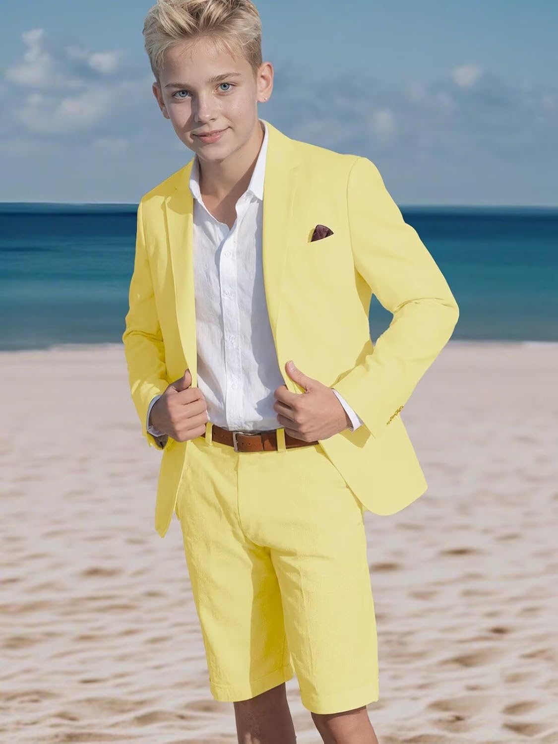 Summer Beach Casual Boys Linen Suit Solid Casual Slim Fit 2 Piece Boys Tuxedo Suit Outfits Vacation Suits for Boy