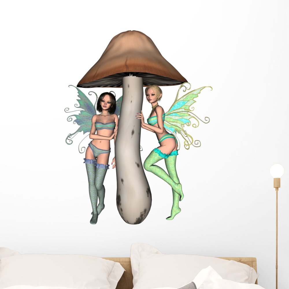 Wallmonkeys Two Spring Fairies Sheltering Under a Toadstool Wall Decal Peel and Stick Graphic WM245953 (36 in H x 29 in W)
