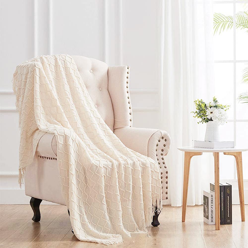 Sofadecke,Kuscheldecke Stricken Kleine Decke Couchdecke,Weich Wolldecke Wohndecken Quaste Gestrickt Decke Schlafdecke Bettdecke Klimaanlage Decke Autodecke für Couch,Büro,Auto,Sofa,Bett,127*230 Beige