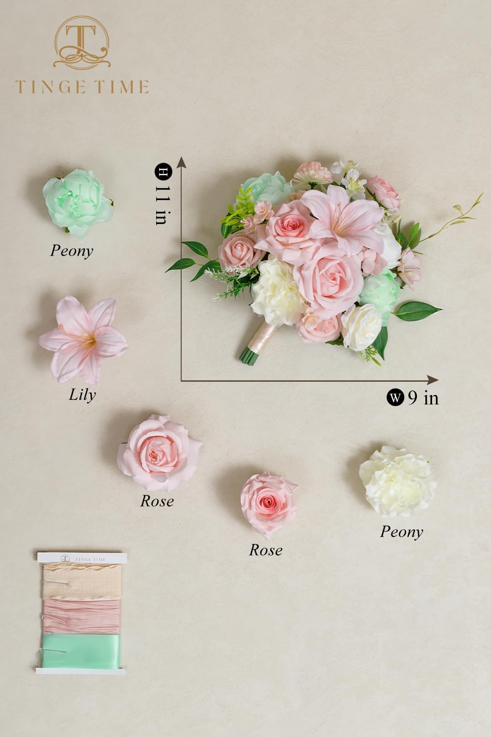 TINGE TIME Wedding Bouquets for Bride, 9 Inch Handcrafted Silk Bridal Flowers Bouquets for Wedding Ceremony, Gift for Bridesmaid, Bouquet for Party Church Decoration,and Romance Gifts (MintGreen&Pink)