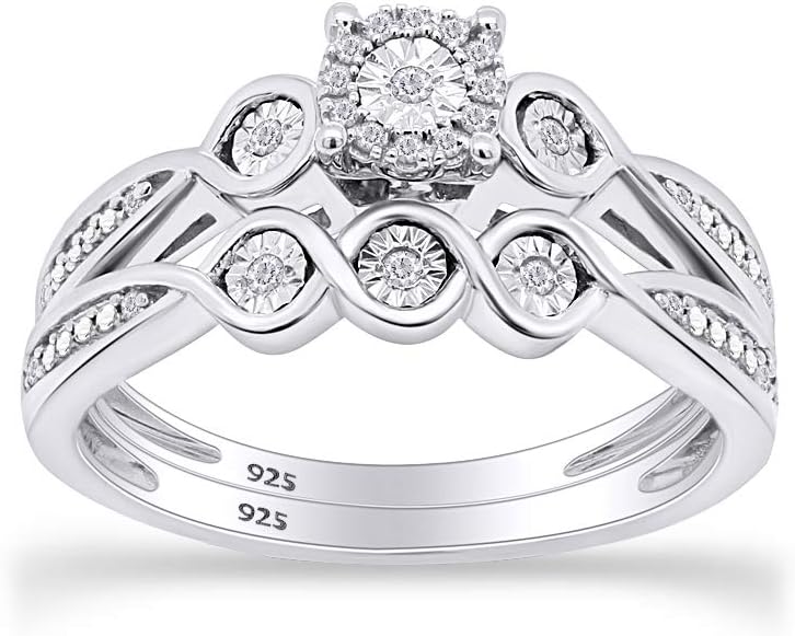 AFFY 1/10 Carat CT Round Cut White Natural Diamond Set Ladies Engagement Wedding Bridal Ring Set In 14k Gold Plated Sterling Silver (I-J Color, I2-I3 Clarity, 0.10 cttw)