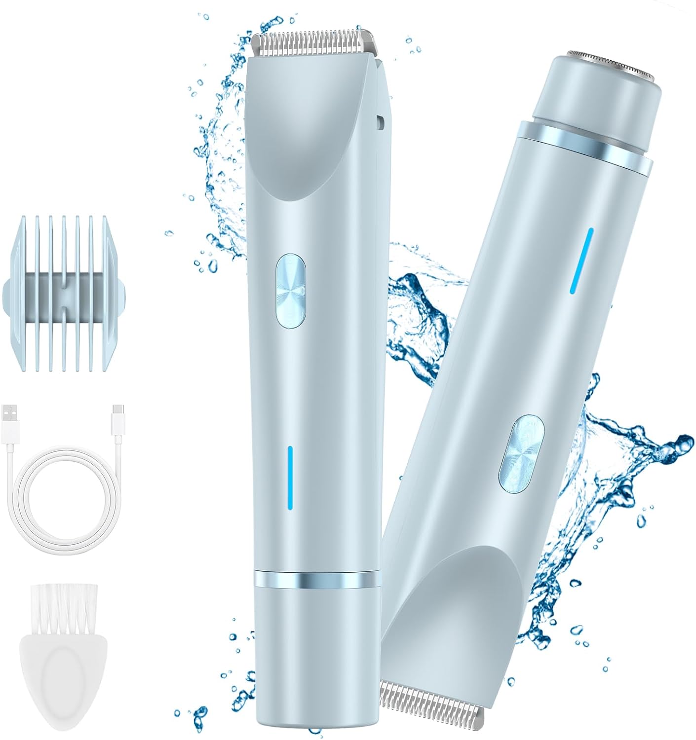 Women's Dual Head Electric Shaver - IPX7 Waterproof, Type-C Rechargeable, Cordless Hair Removal for Body & Bikini Line with 2 Attachments（Pink） (Light Blue)