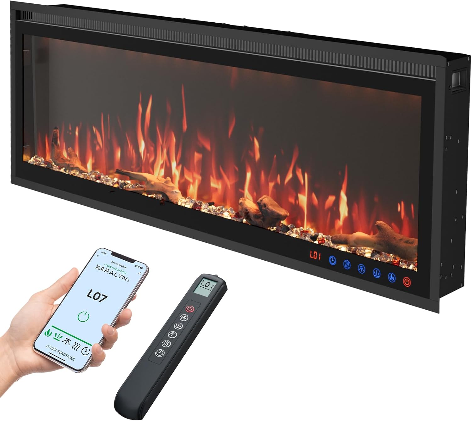 60 Inch WiFi Electric Fireplace Heater, Wall Mounted or Recessed Fireplace Insert, Remote & App Control, Alexa & Google Home, 169 Colors Combinations, Log & Crystal Options, for Living Room, Bedroom