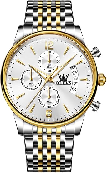 OLEVS Men's Waterproof Quartz Watch, Chronograph Stainless Steel Analog Watch for Men Functional Dial with Date Diamond Luminous Business Men's Watch
