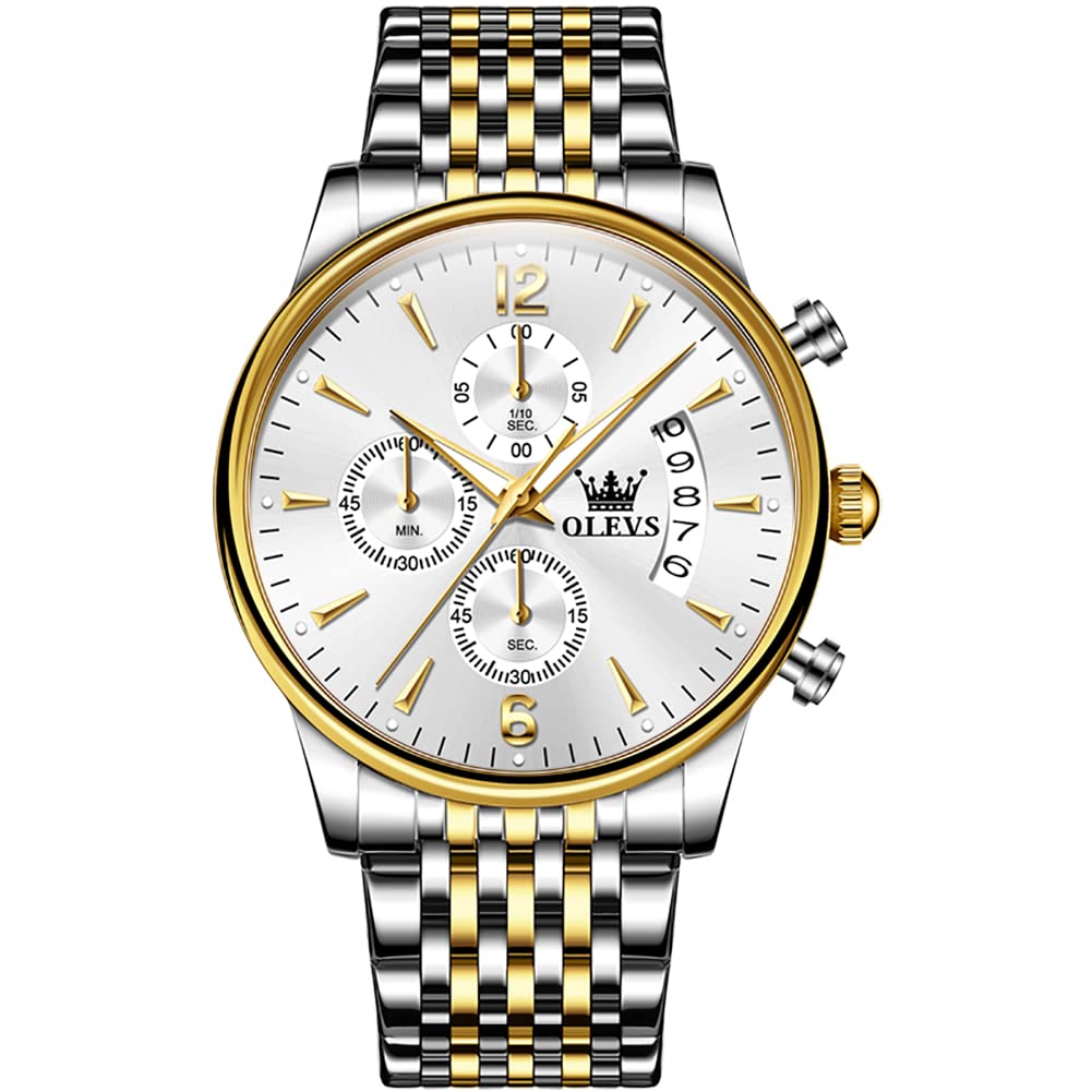 OLEVS Relojes de lujo para hombre, multifuncional, cronógrafo, fecha curvada, cuarzo, analógico, reloj de pulsera de acero inoxidable, impermeable, luminoso