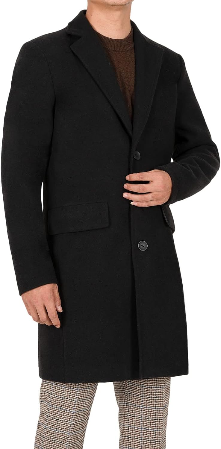 Bonnorth Men's Winter Notch Lapel Wool Blend Trench Coat Single Breasted Mid-Length Slim Warm Pea Overcoat with Pockets