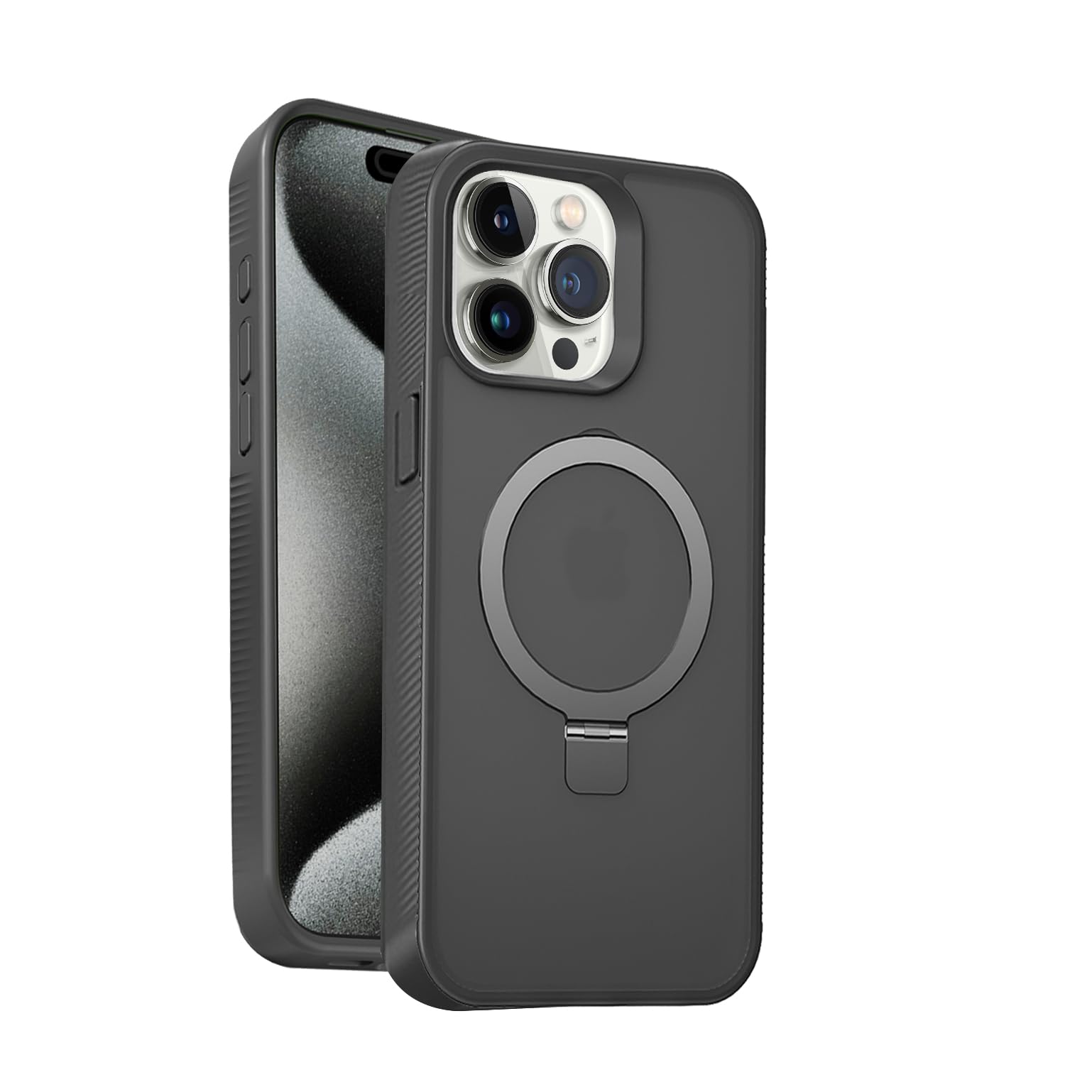 amazon basics Elite Series Frosted Finish Case with Back Stand for iPhone 15 Pro (Black)