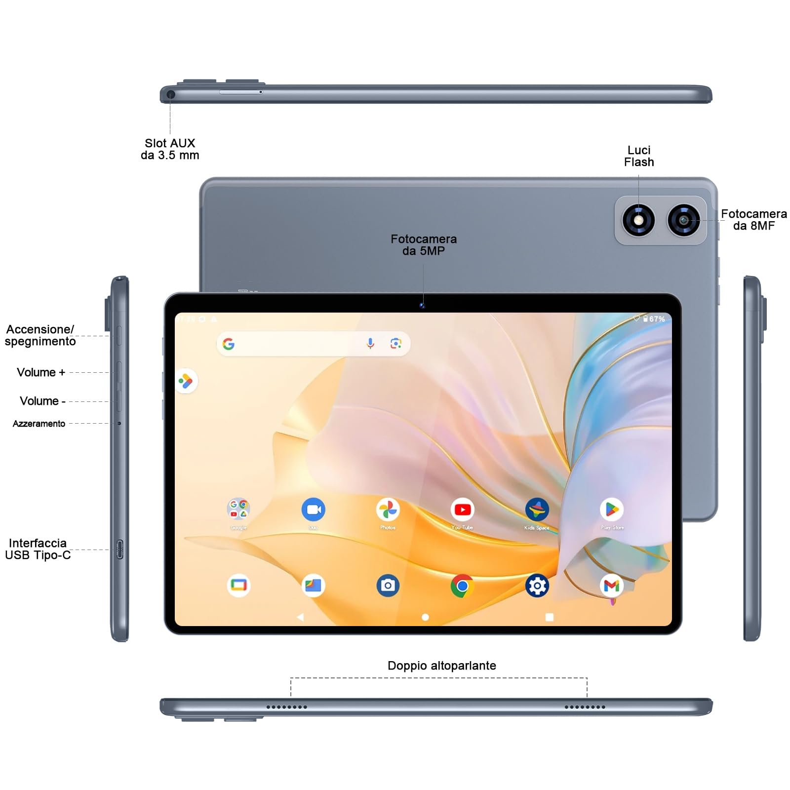 fezawio F10 Tablet 10 Pollici, Tablet Android 14, 22 GB RAM+128 GB ROM |1TB TF |8000mAh |5G Wi-Fi |Octa-Core |Widevine L1 |2.0Ghz Tablet PC Con Tastiera Mouse Fondina, Migliore Regalo-Grigio