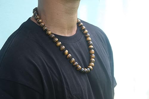 Miniatura 4 de Mens Tiger Eye Necklace - 14mm Large Beaded Necklace - Prosperity Crystals - Anti Depression Jewelry - 24 Inch Chain - Healing Crystal Jewelry