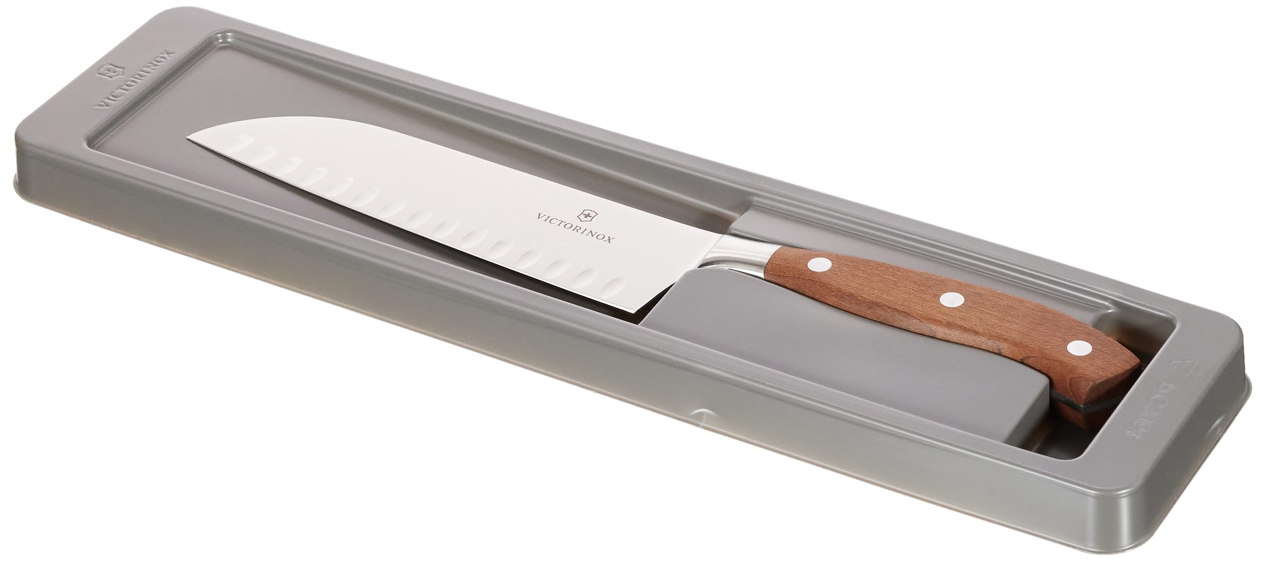Victorinox Grand Maître, Profi Santokumesser, Extra Scharfe Klinge, Kullenschliff, 17 cm, Edler Holzgriff, Rostfreier Stahl, braun